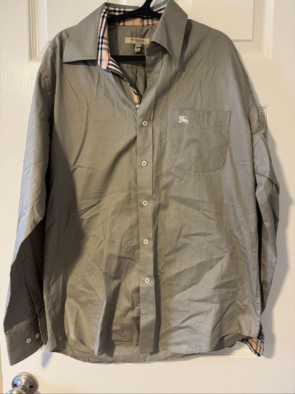 Burberry London Men’s L Olive Gray Nova Check Stretch Cotton Shirt England
